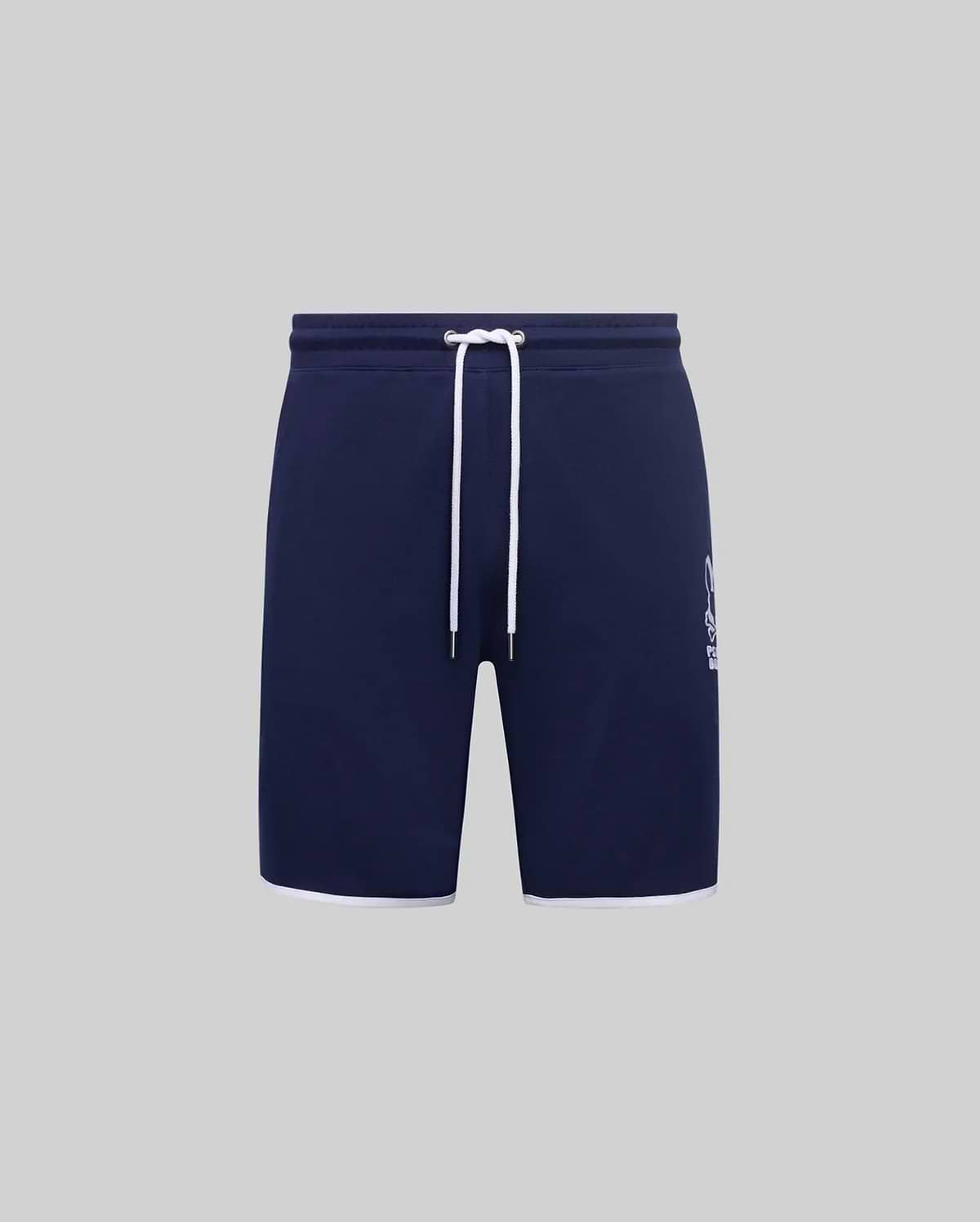 Mens Toby Short in navy blue smooth jersey, featuring a relaxed fit, white drawstring, white hem trim, and a large white Psycho Bunny skull logo print on the lower left leg. (5)
