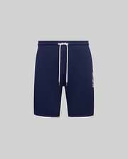 Mens Toby Short in navy blue smooth jersey, featuring a relaxed fit, white drawstring, white hem trim, and a large white Psycho Bunny skull logo print on the lower left leg. (5)