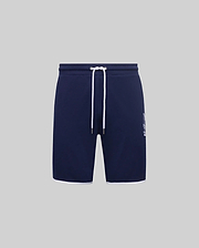 Mens Toby Short in navy blue smooth jersey, featuring a relaxed fit, white drawstring, white hem trim, and a large white Psycho Bunny skull logo print on the lower left leg. (5)