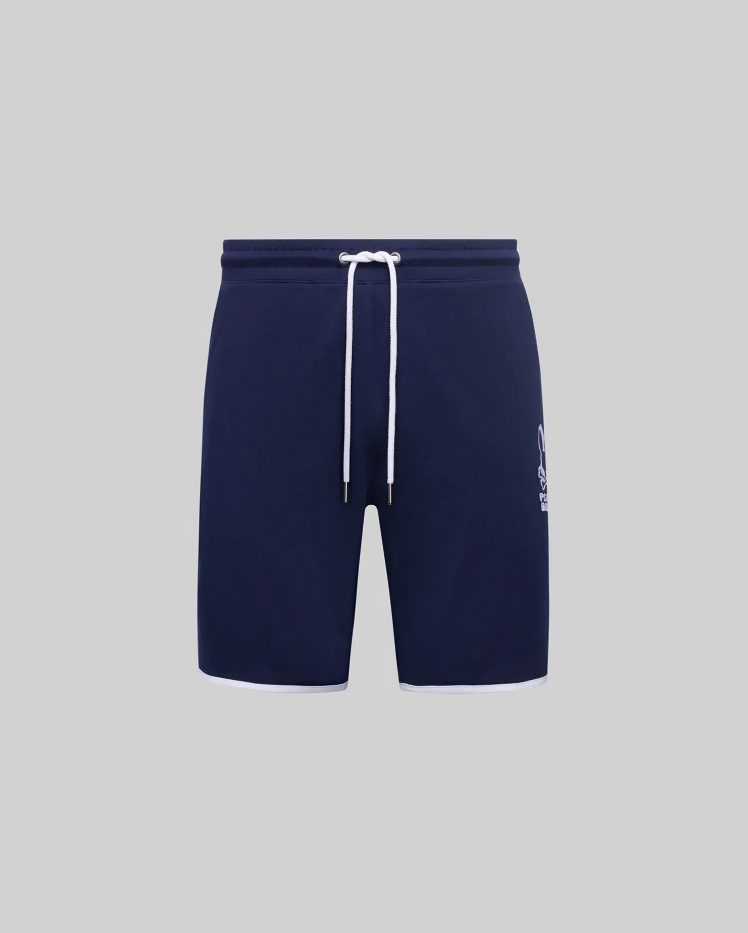 Mens Toby Short in navy blue smooth jersey, featuring a relaxed fit, white drawstring, white hem trim, and a large white Psycho Bunny skull logo print on the lower left leg. (5)