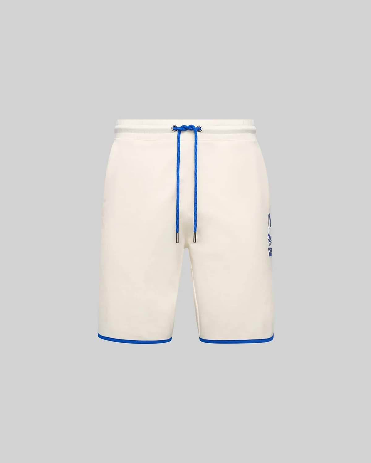 Mens Toby Short, cream french terry relaxed fit shorts with royal blue drawstring, hem piping, and a printed Psycho Bunny skull logo on the left thigh. (5)