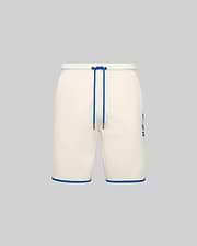 Mens Toby Short, cream french terry relaxed fit shorts with royal blue drawstring, hem piping, and a printed Psycho Bunny skull logo on the left thigh. (5)