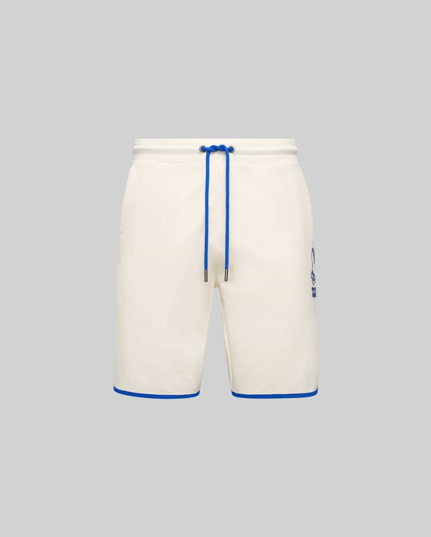 Mens Toby Short, cream french terry relaxed fit shorts with royal blue drawstring, hem piping, and a printed Psycho Bunny skull logo on the left thigh. (5)