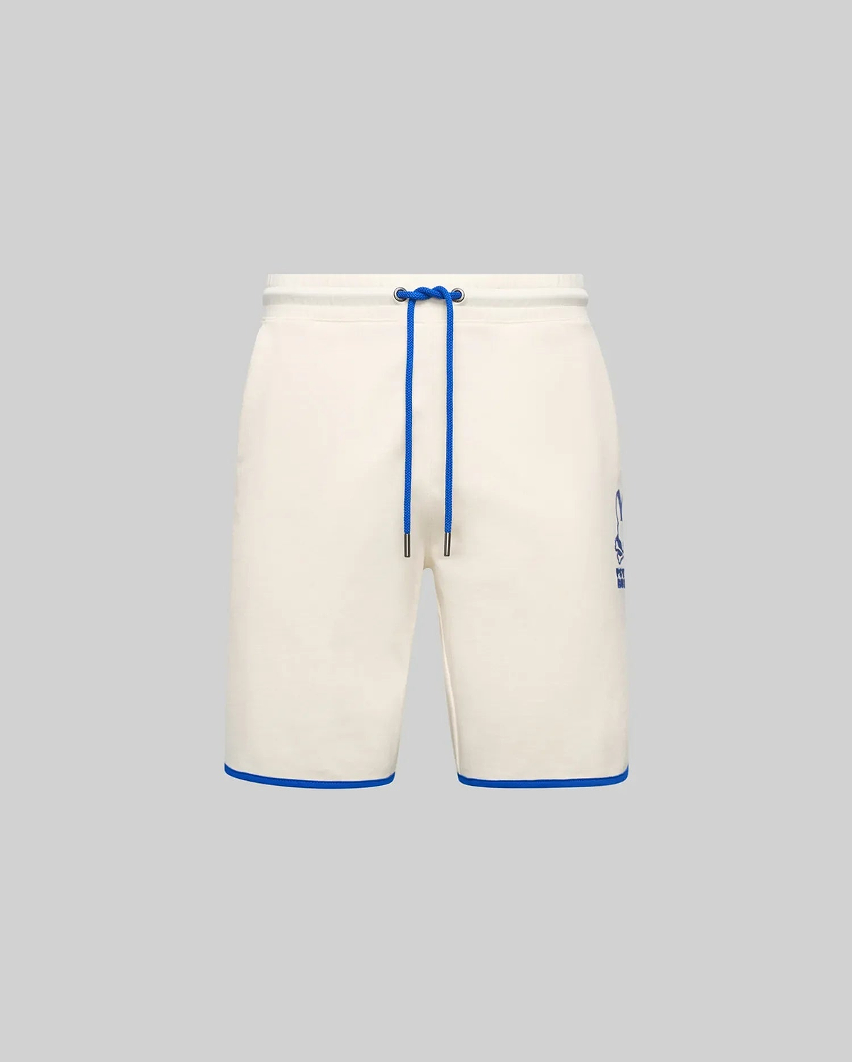 Mens Toby Short, cream french terry relaxed fit shorts with royal blue drawstring, hem piping, and a printed Psycho Bunny skull logo on the left thigh. (5)