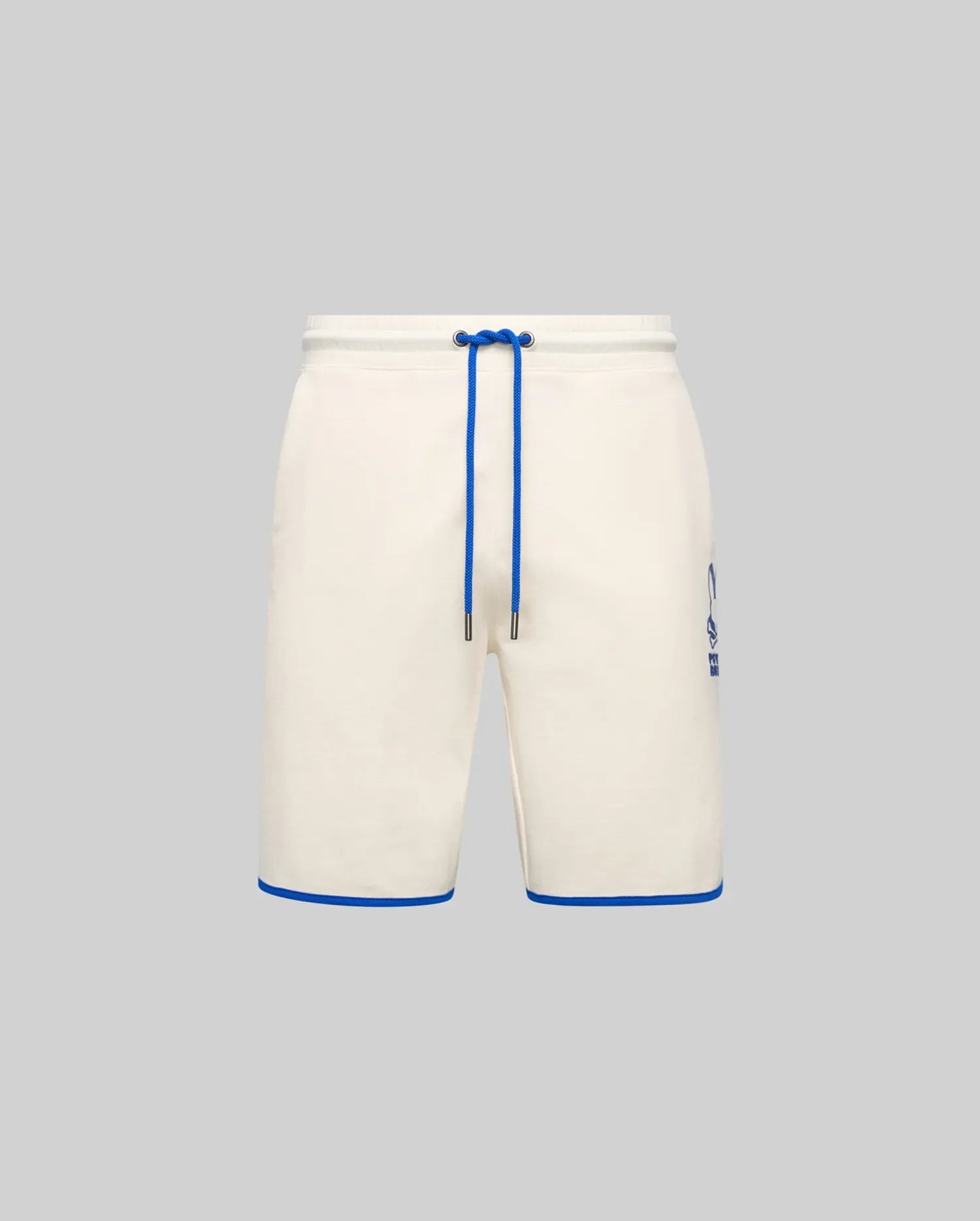 Mens Toby Short, cream french terry relaxed fit shorts with royal blue drawstring, hem piping, and a printed Psycho Bunny skull logo on the left thigh. (5)
