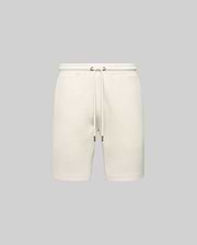 Mens Maxton Waffle Sweatshort in cream, a relaxed fit garment with a soft waffle knit texture, featuring a drawstring waist with dark metal tips. No visible Psycho Bunny logo.
