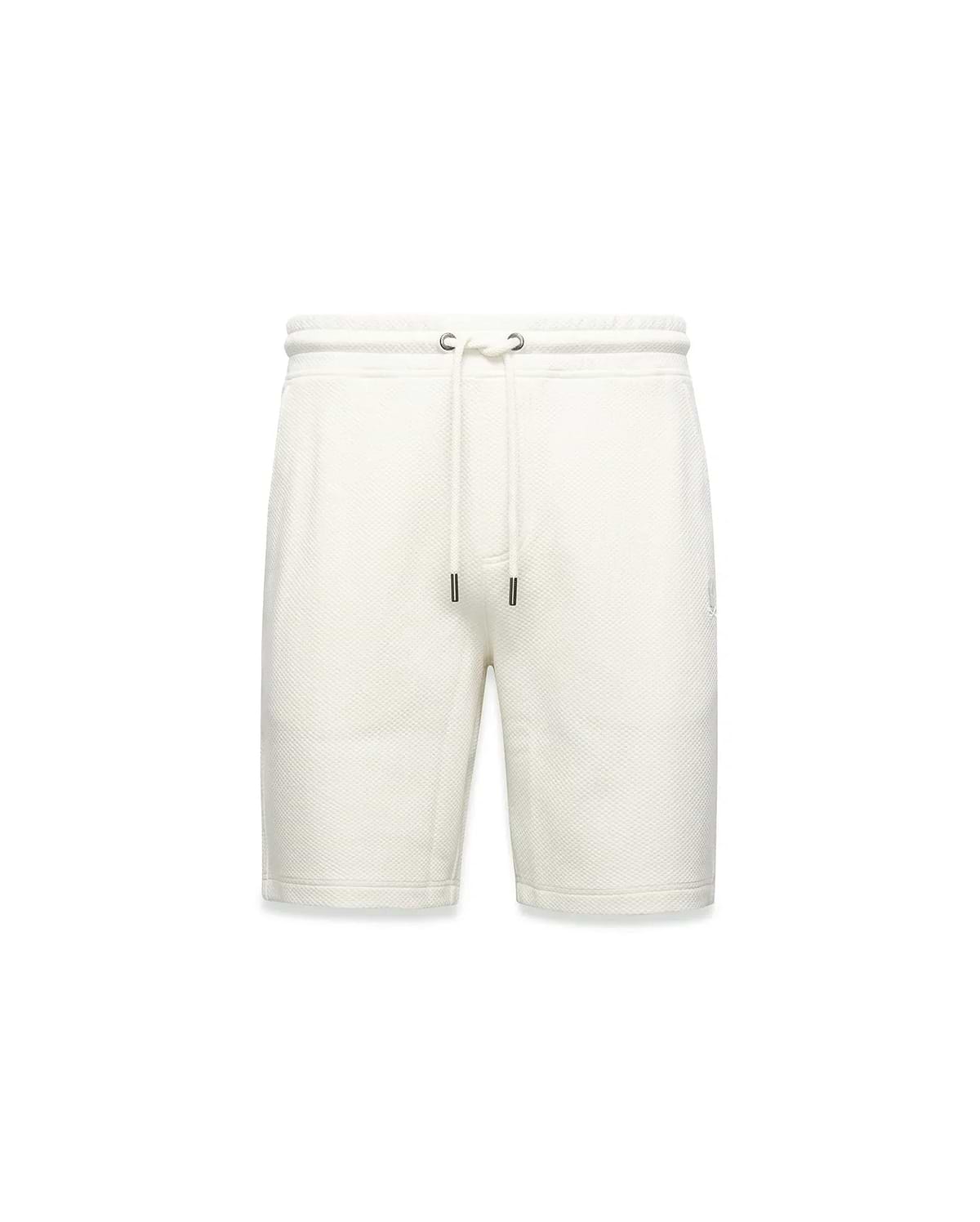 Mens Marc Textured Short, cream textured knit shorts with a classic fit, featuring a drawstring waist with dark tips and a small embroidered Psycho Bunny skull logo on the right thigh. (7)