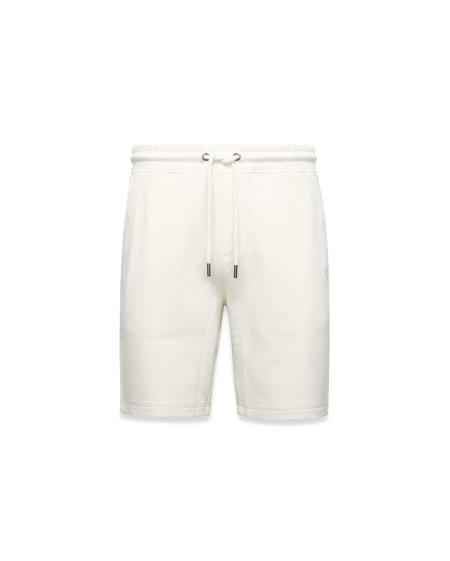 Mens Marc Textured Short, cream textured knit shorts with a classic fit, featuring a drawstring waist with dark tips and a small embroidered Psycho Bunny skull logo on the right thigh. (7)