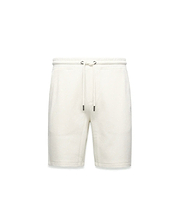 Mens Marc Textured Short, cream textured knit shorts with a classic fit, featuring a drawstring waist with dark tips and a small embroidered Psycho Bunny skull logo on the right thigh. (7)
