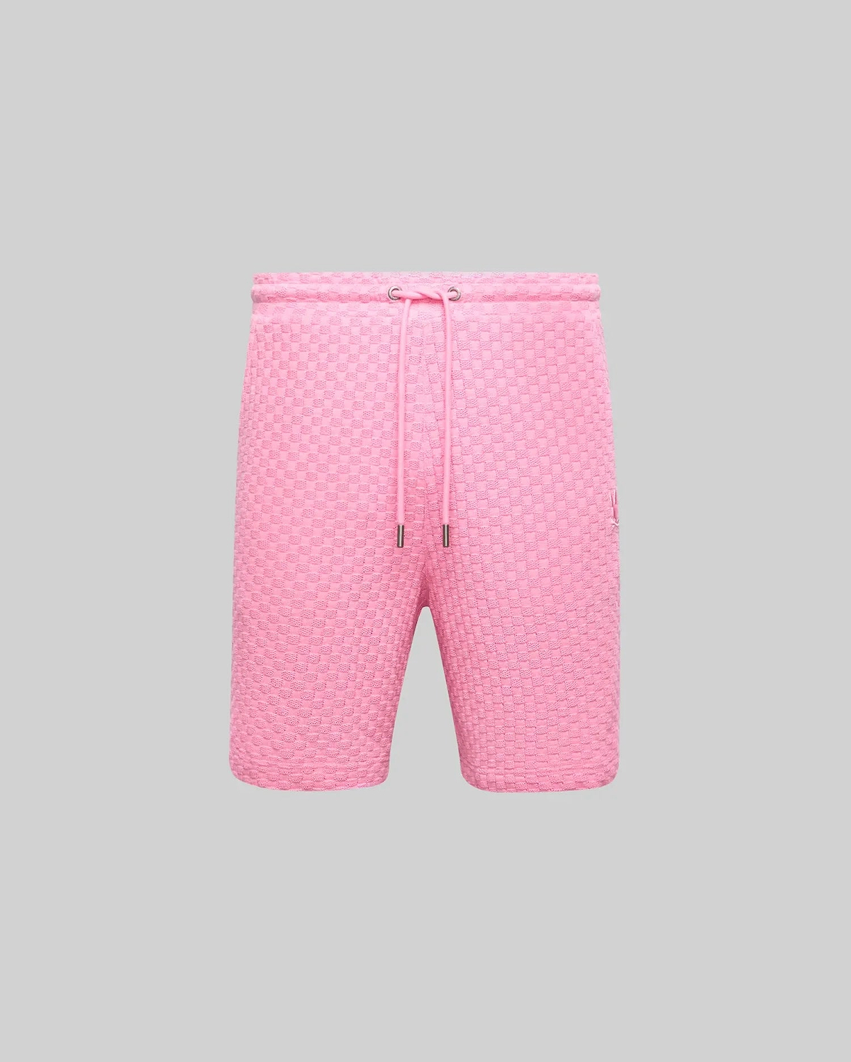 Mens Garen Knit Short in vibrant pink, featuring a textured knit fabric, relaxed fit, drawstring waist with silver aglets, and a small embroidered Psycho Bunny skull logo on the right thigh. (4)