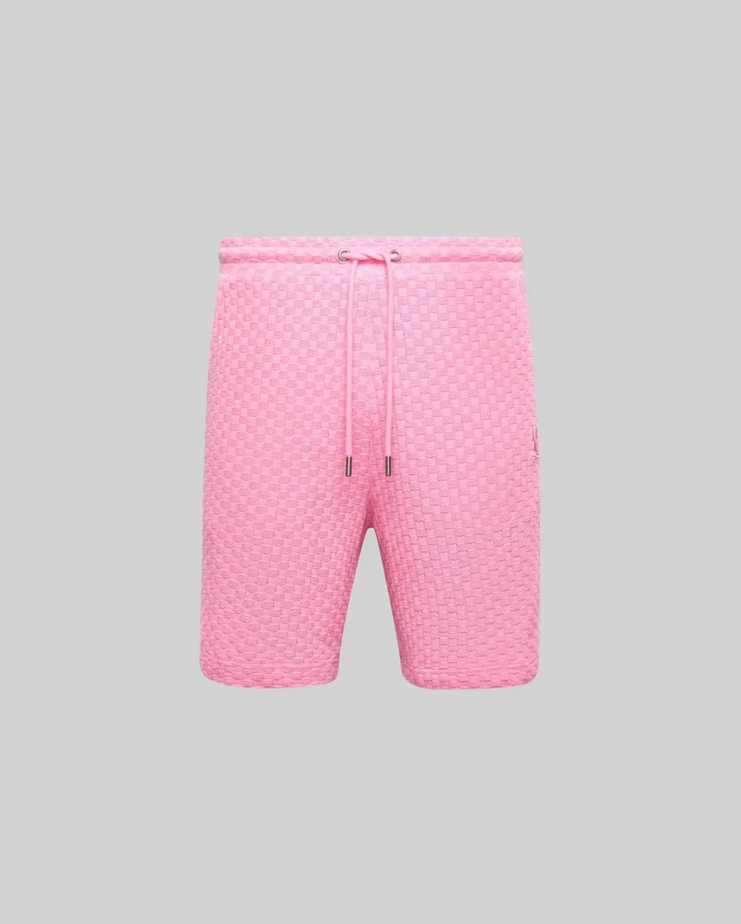 Mens Garen Knit Short in vibrant pink, featuring a textured knit fabric, relaxed fit, drawstring waist with silver aglets, and a small embroidered Psycho Bunny skull logo on the right thigh. (4)