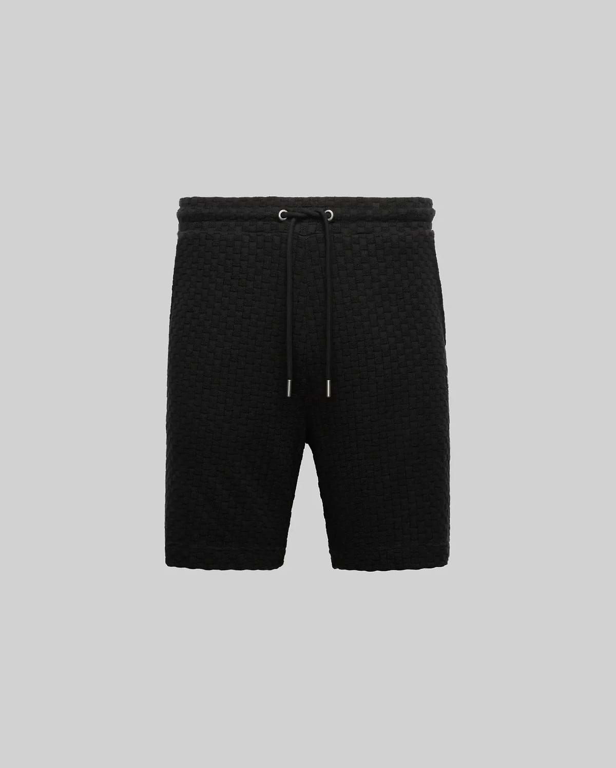 Mens Garen Knit Short in black, featuring a textured basketweave knit fabric, relaxed fit, drawstring waist with silver tips, and side pockets. (5)