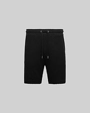 Mens Garen Knit Short in black, featuring a textured basketweave knit fabric, relaxed fit, drawstring waist with silver tips, and side pockets. (5)