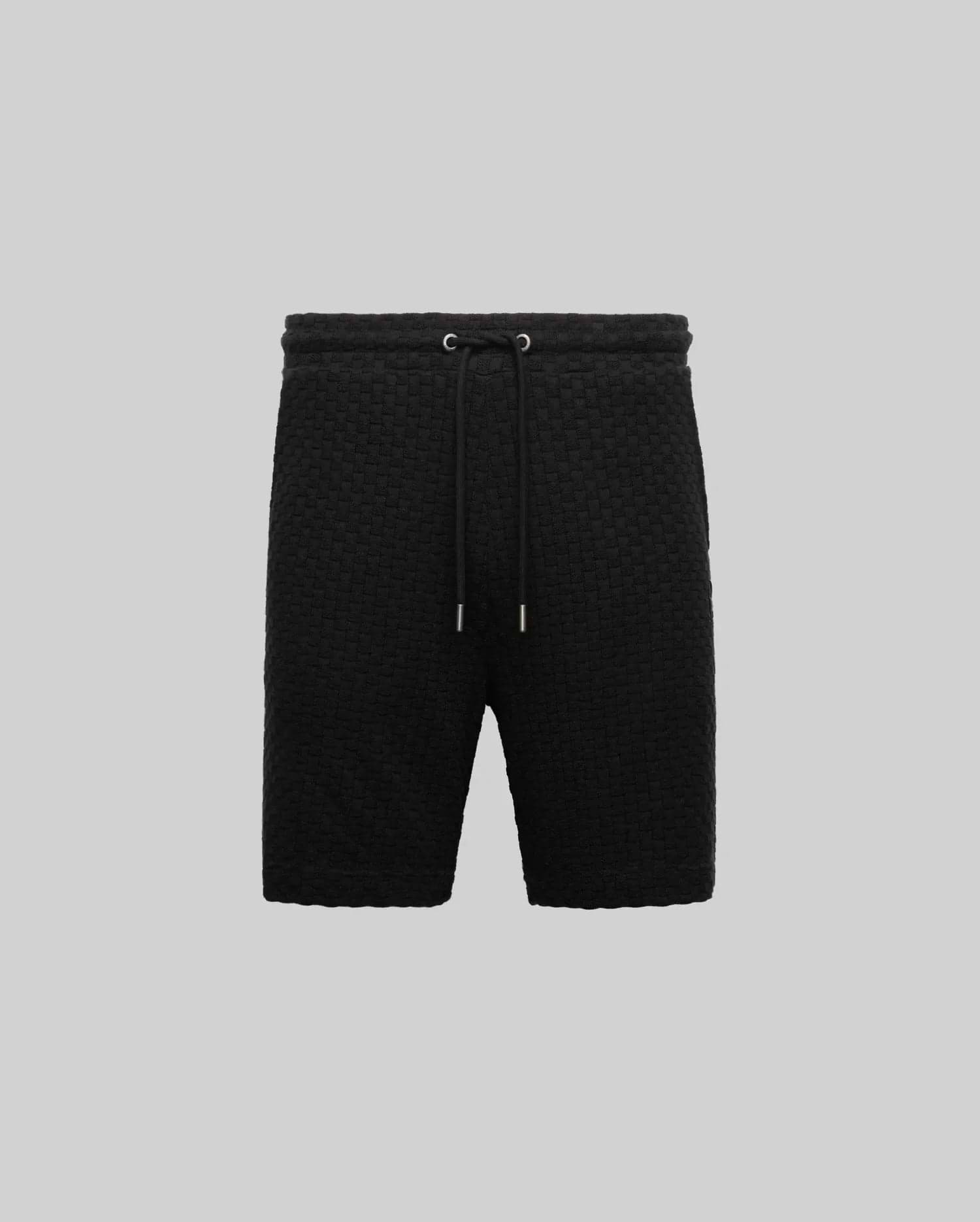 Mens Garen Knit Short in black, featuring a textured basketweave knit fabric, relaxed fit, drawstring waist with silver tips, and side pockets. (5)
