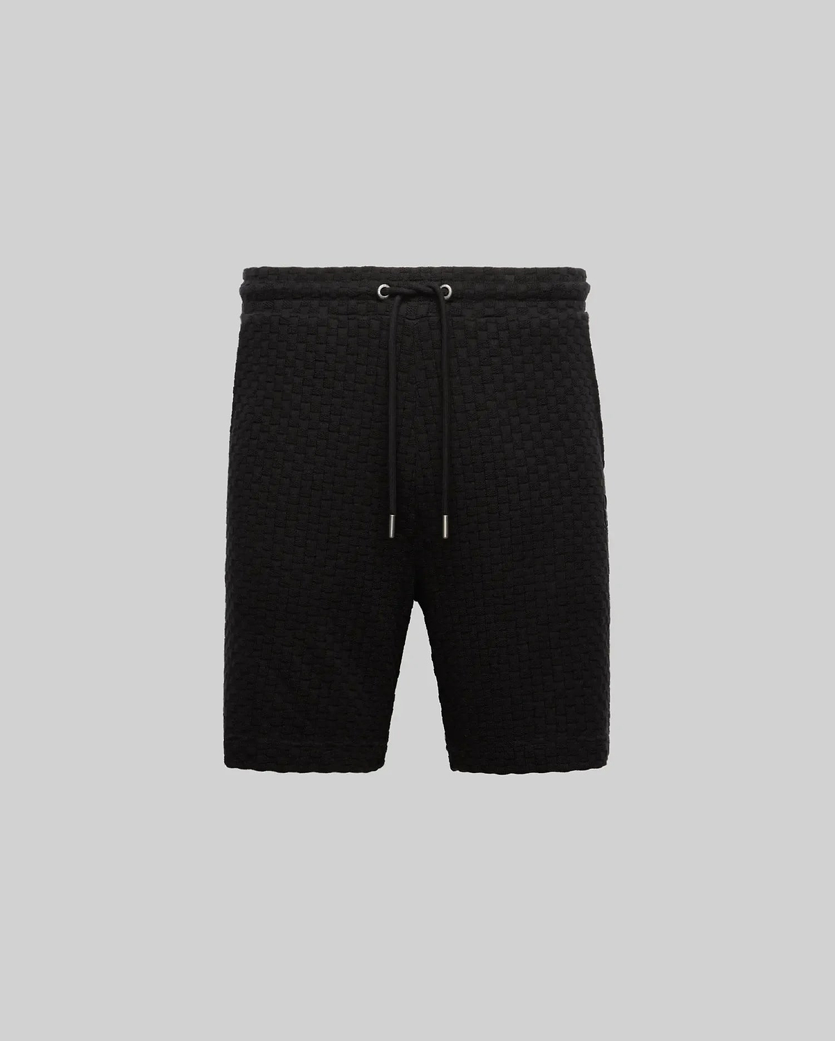 Mens Garen Knit Short in black, featuring a textured basketweave knit fabric, relaxed fit, drawstring waist with silver tips, and side pockets. (5)