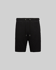 Mens Garen Knit Short in black, featuring a textured basketweave knit fabric, relaxed fit, drawstring waist with silver tips, and side pockets. (5)
