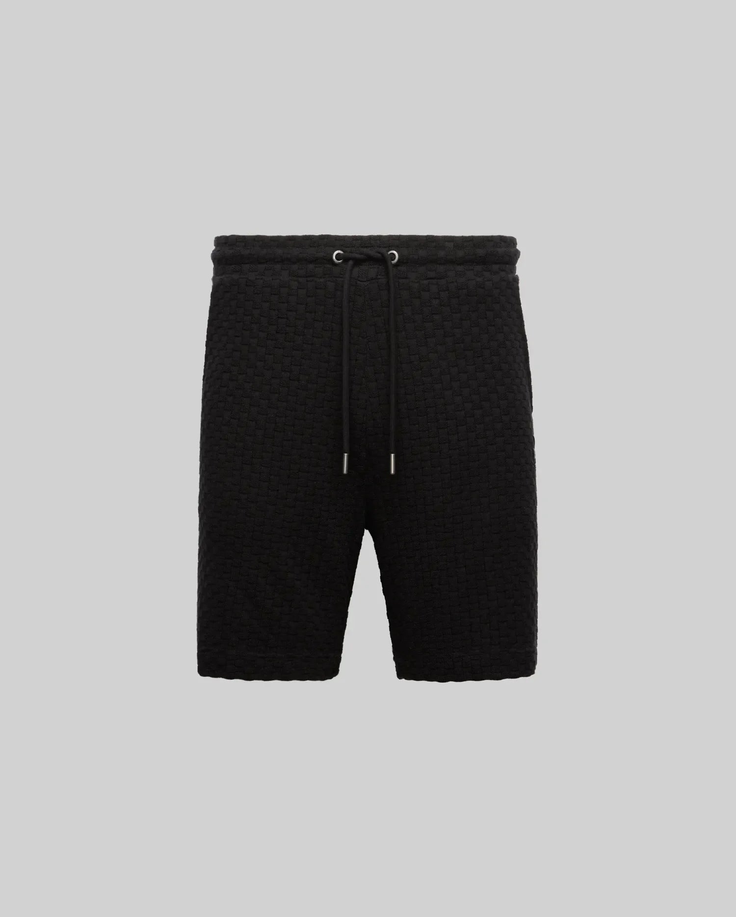 Mens Garen Knit Short in black, featuring a textured basketweave knit fabric, relaxed fit, drawstring waist with silver tips, and side pockets. (5)