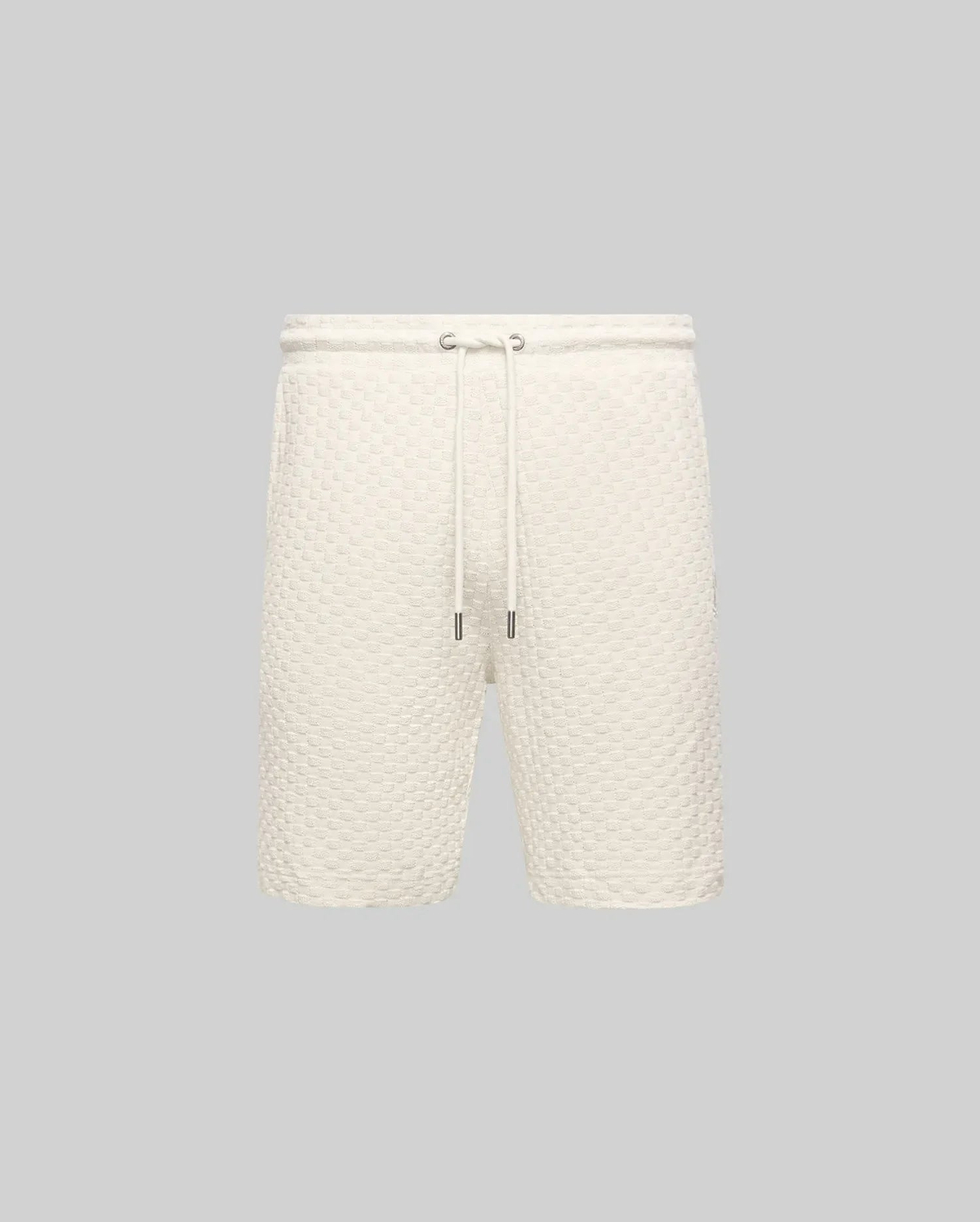 Mens Garen Knit Short in cream, featuring a relaxed fit and a distinctive waffle knit texture with a comfortable drawstring waist and sleek silver-tipped cords. (4)