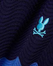 Mens Holden Knit Short 6, navy open-knit with a wavy texture, featuring a vibrant blue embroidered Psycho Bunny skull logo and a bold accent stripe.