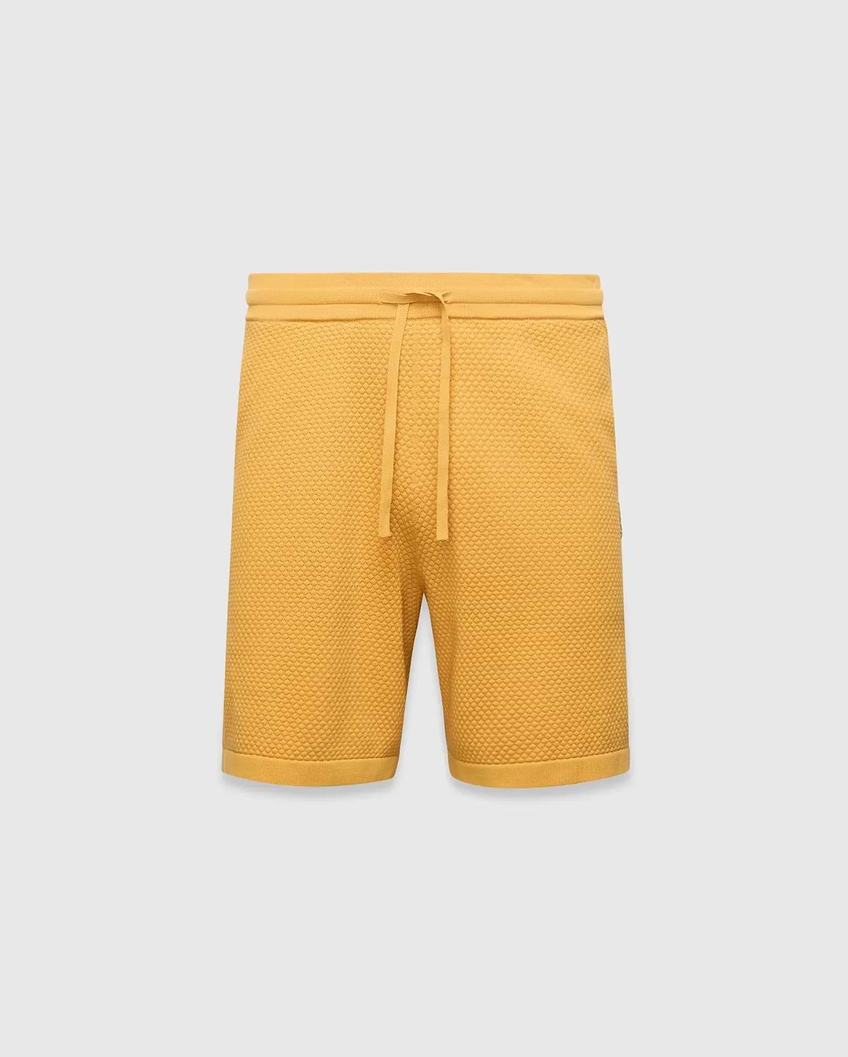 Mustard yellow Mens Devon Knit Short, a relaxed fit, premium textured waffle knit short with an adjustable drawstring waist and ribbed hem. (5)