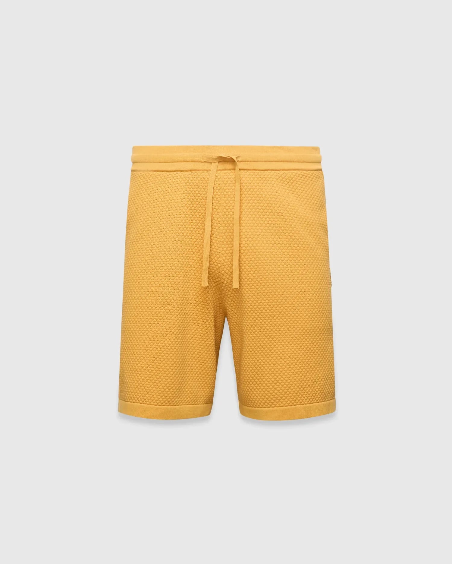 Mustard yellow Mens Devon Knit Short, a relaxed fit, premium textured waffle knit short with an adjustable drawstring waist and ribbed hem. (5)