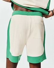 Mens Kelly Short, a relaxed fit cream and vibrant kelly green color-blocked jersey short featuring an elastic waistband and a single back patch pocket. (2)