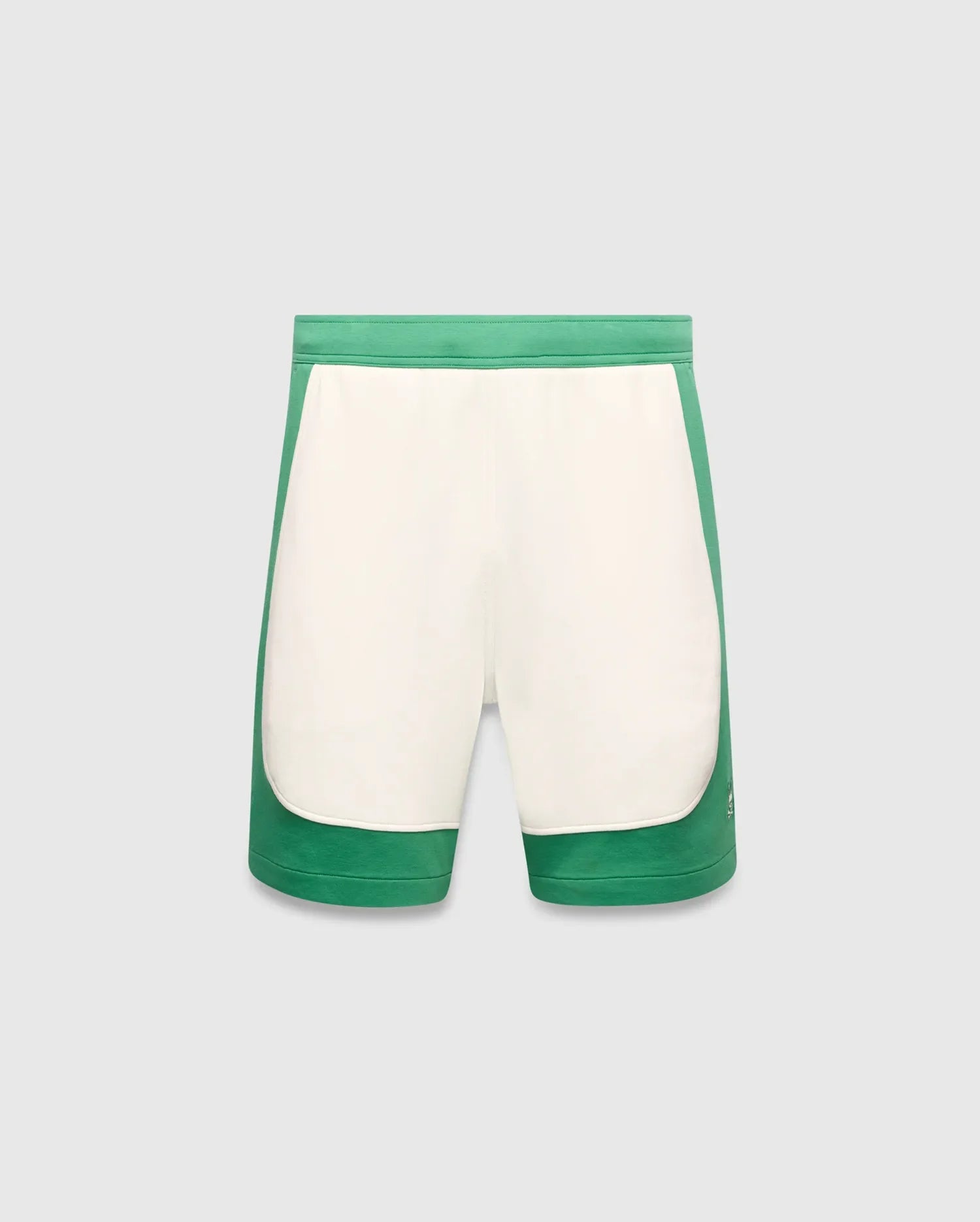 Mens Kelly Short, a color-blocked design with vibrant green outer panels and a cream central panel, featuring a small embroidered Psycho Bunny skull logo on the lower left leg. Smooth knit fabric, classic fit. (5)