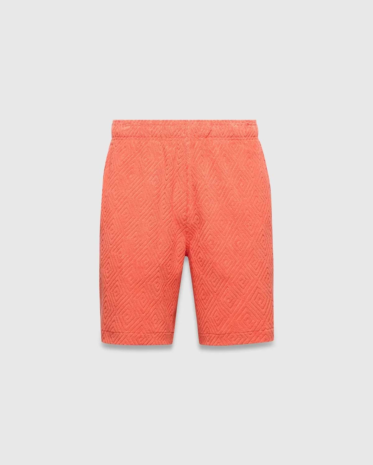 Mens Tristan Short, vibrant coral relaxed-fit shorts featuring an all-over raised diamond jacquard pattern and comfortable elastic waistband, embodying Psycho Bunny's refined streetwear.