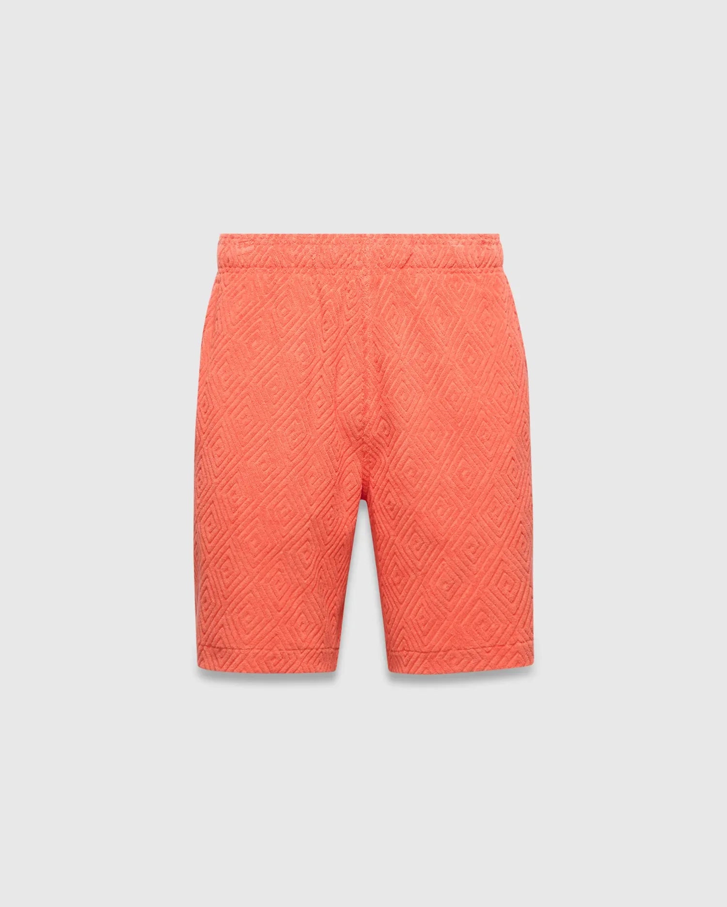 Mens Tristan Short, vibrant coral relaxed-fit shorts featuring an all-over raised diamond jacquard pattern and comfortable elastic waistband, embodying Psycho Bunny's refined streetwear.