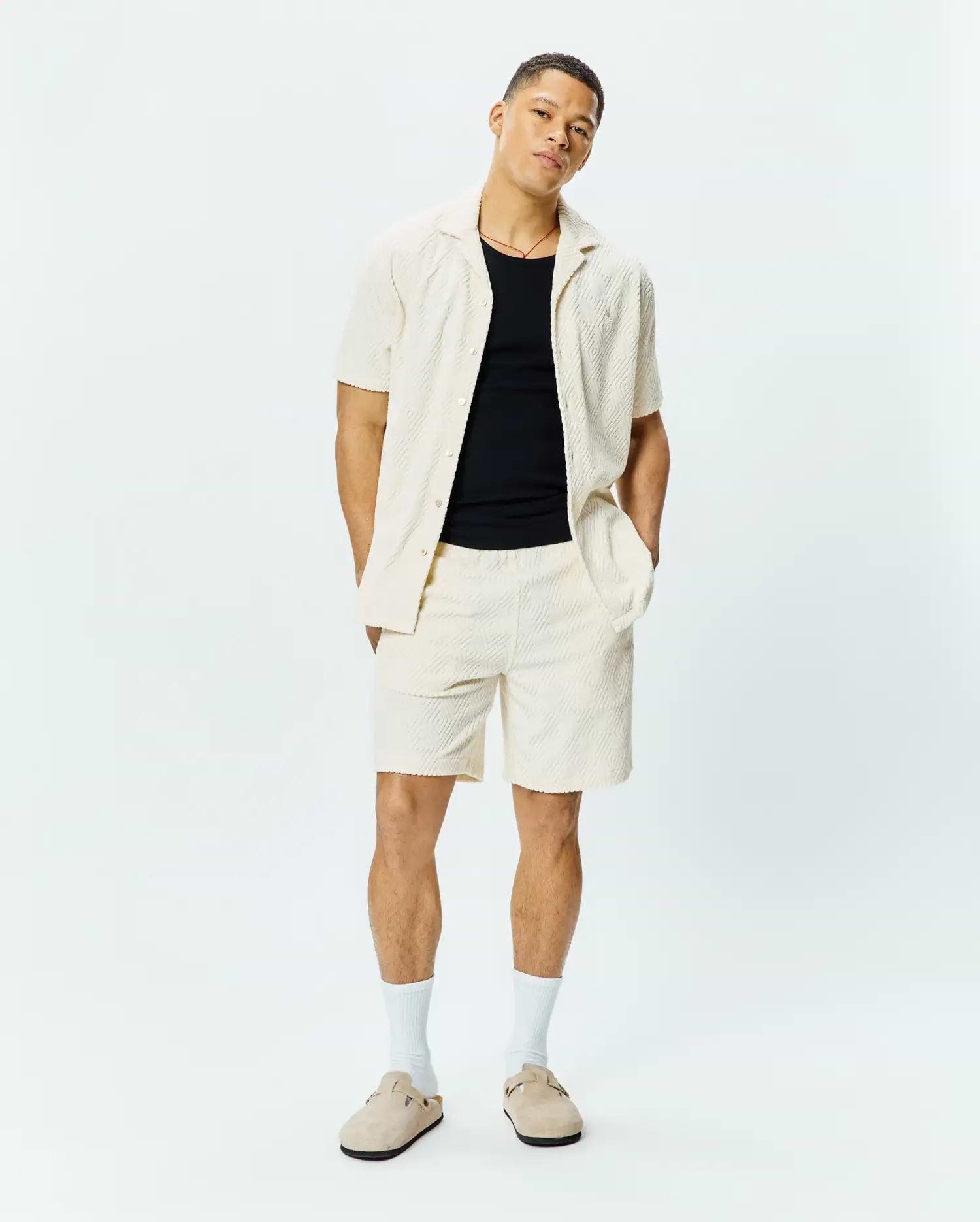 Mens Tristan Short and matching relaxed fit camp collar shirt in cream textured jacquard knit, featuring a subtle repeating diamond pattern.