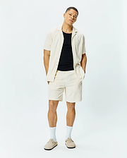Mens Tristan Short and matching relaxed fit camp collar shirt in cream textured jacquard knit, featuring a subtle repeating diamond pattern.