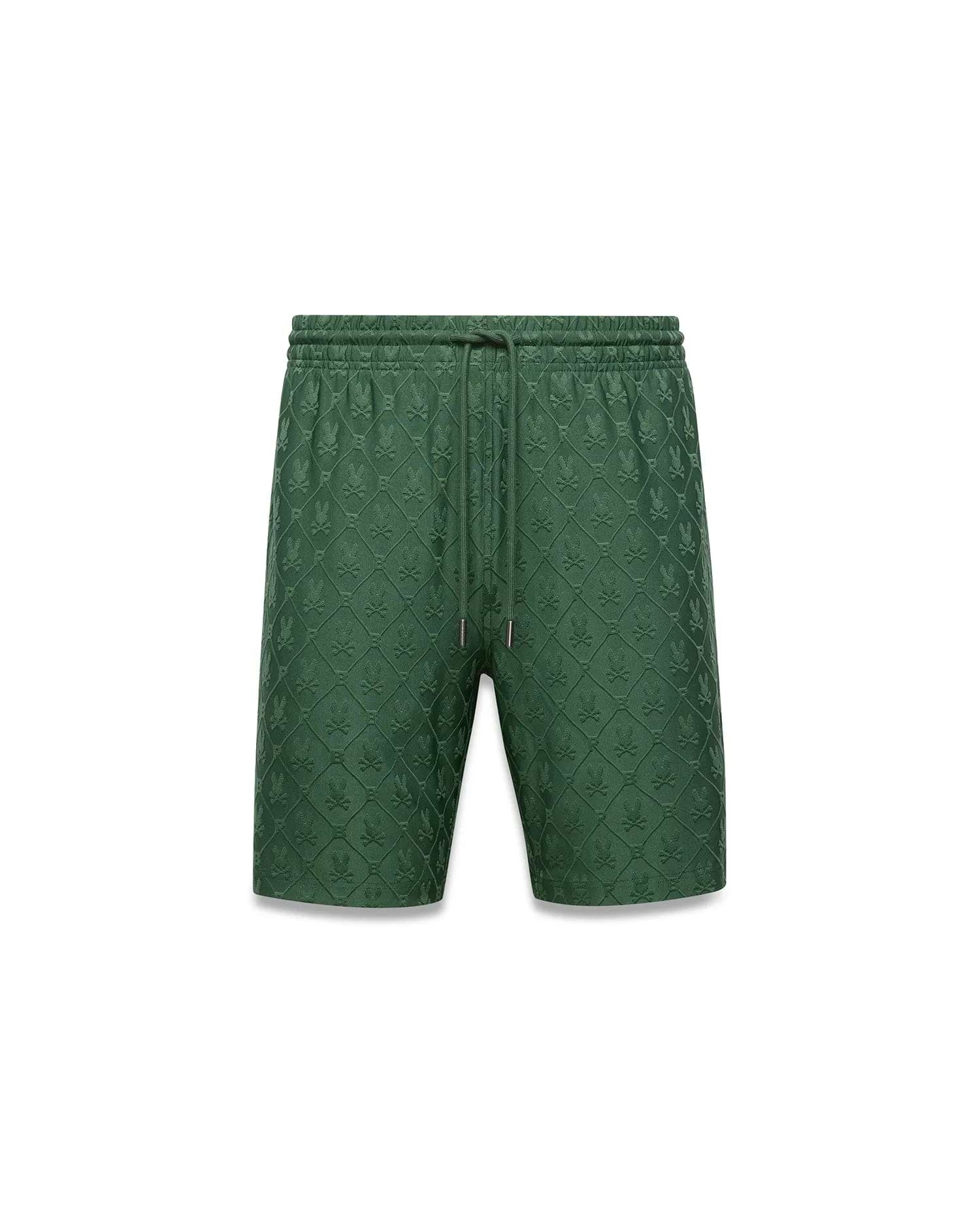 Mens Garry Jacquard Sweatshort in forest green, featuring a relaxed fit and an all-over tonal jacquard knit pattern of the iconic Psycho Bunny skull logo, with a drawstring waist.
