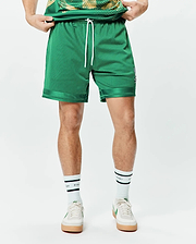 Mens Joshua Soccer Short 7 1/4, a relaxed fit vibrant green mesh short with white drawstrings, satin-like hem trim, and a small embroidered Psycho Bunny skull logo on the left leg. (3)