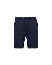 Mens Gabe French Terry Sweatshort in navy blue, featuring a relaxed fit, drawstring waist, and a small white embroidered Psycho Bunny skull logo on the lower left leg. (6)