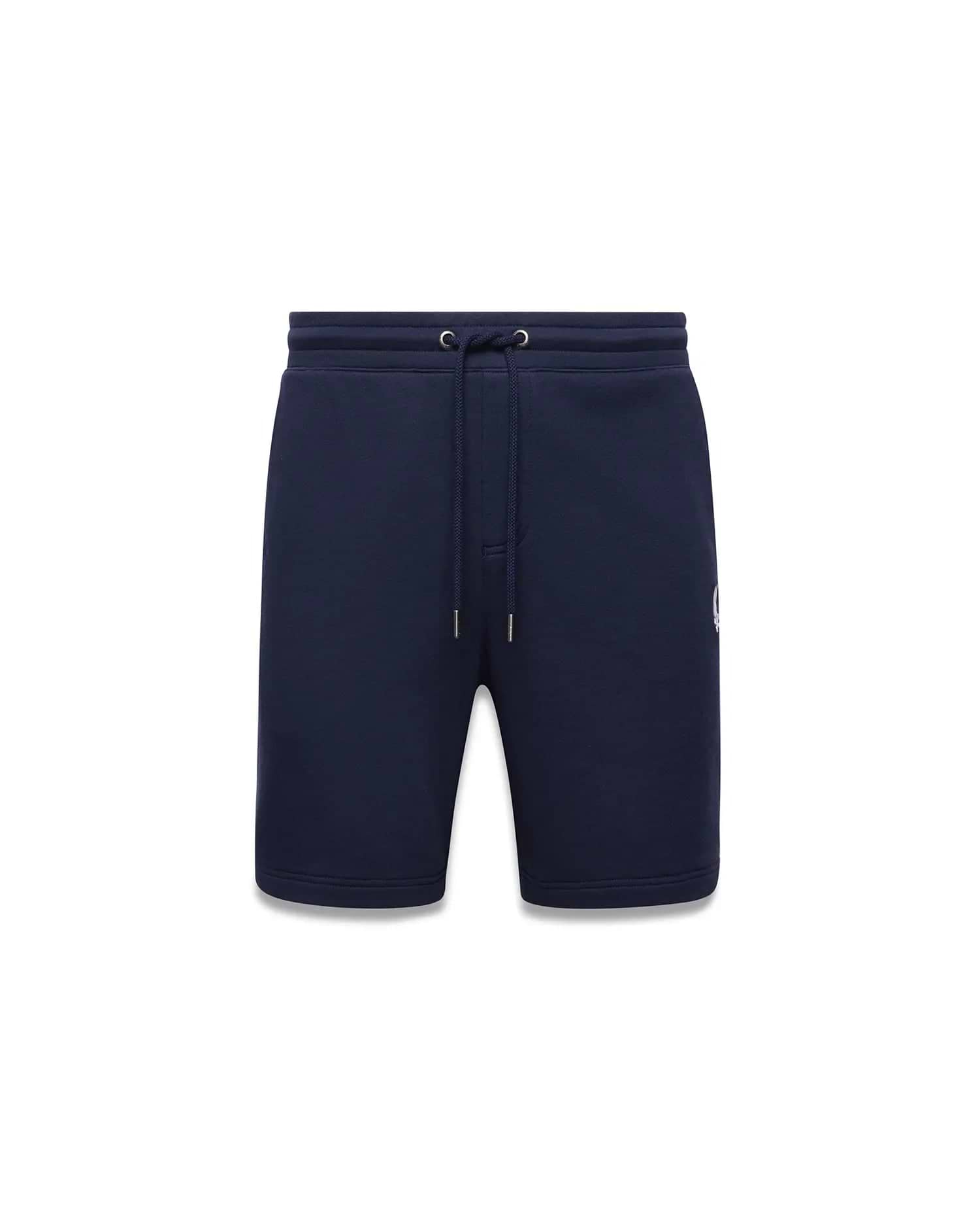 Mens Gabe French Terry Sweatshort in navy blue, featuring a relaxed fit, drawstring waist, and a small white embroidered Psycho Bunny skull logo on the lower left leg. (6)