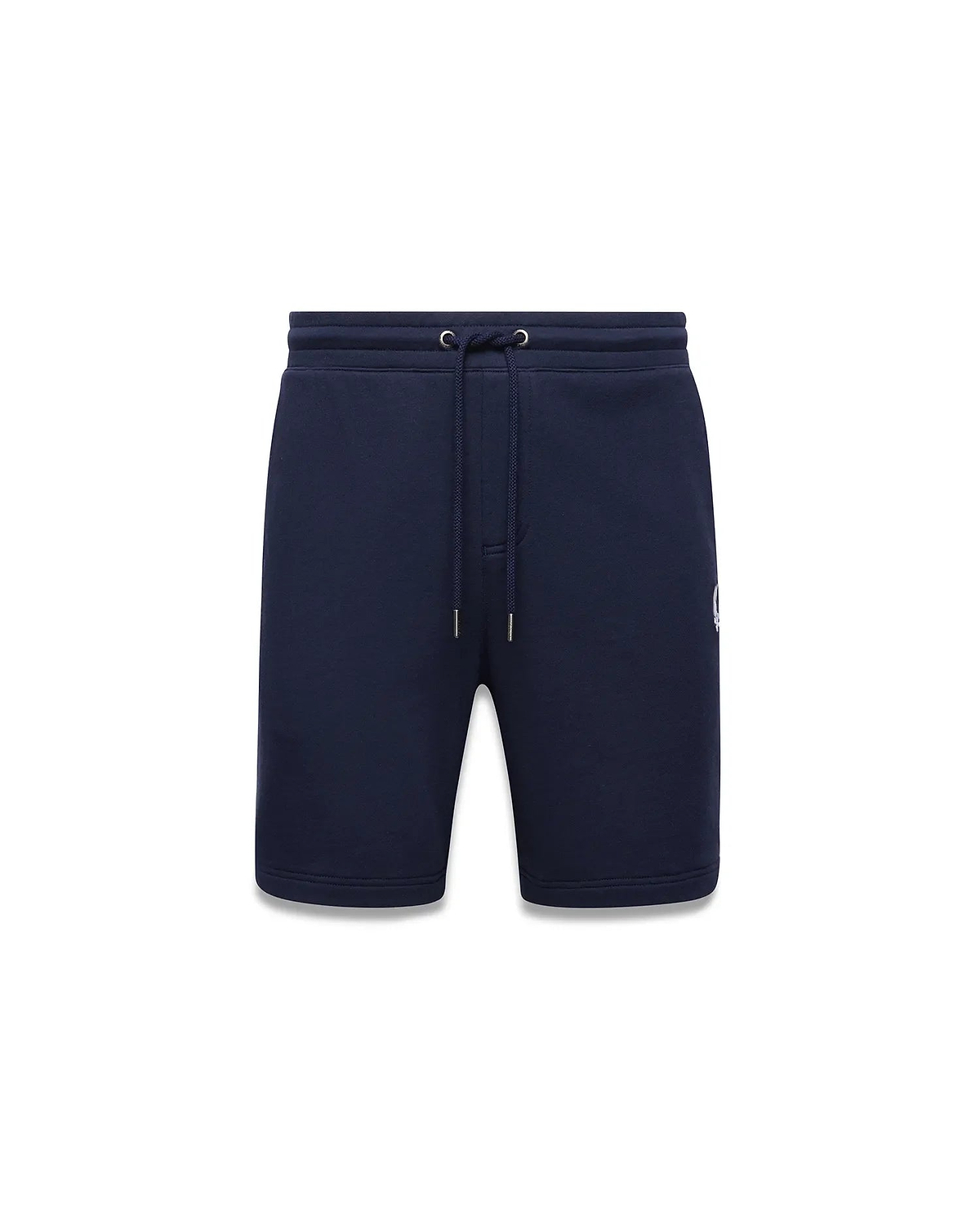 Mens Gabe French Terry Sweatshort in navy blue, featuring a relaxed fit, drawstring waist, and a small white embroidered Psycho Bunny skull logo on the lower left leg. (6)