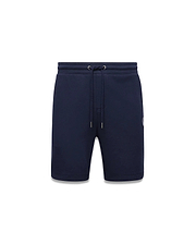 Mens Gabe French Terry Sweatshort in navy blue, featuring a relaxed fit, drawstring waist, and a small white embroidered Psycho Bunny skull logo on the lower left leg. (6)