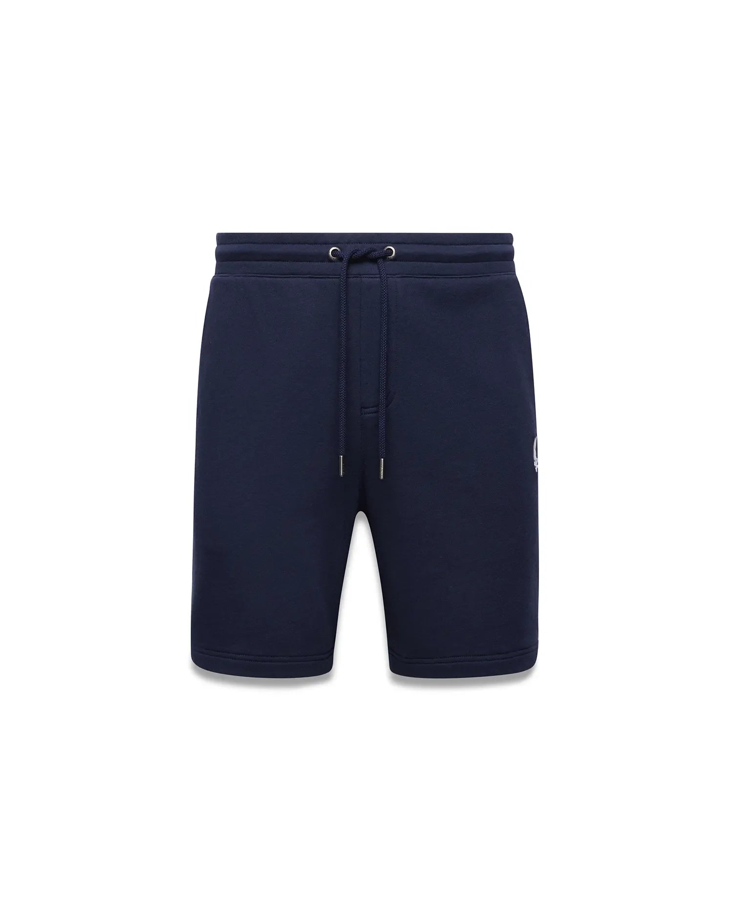 Mens Gabe French Terry Sweatshort in navy blue, featuring a relaxed fit, drawstring waist, and a small white embroidered Psycho Bunny skull logo on the lower left leg. (6)