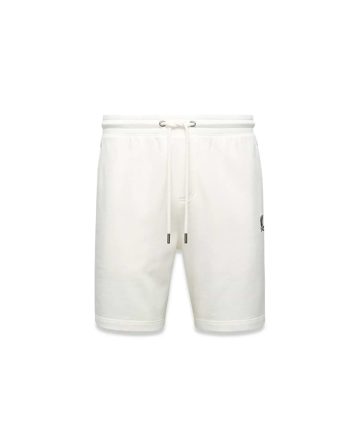 Mens Gabe French Terry Sweatshort in cream, featuring a relaxed fit, soft French terry fabric, elastic drawstring waist with silver eyelets, and a small embroidered black Psycho Bunny skull logo on the left thigh.