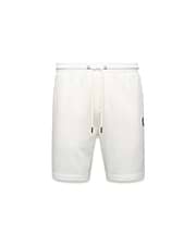 Mens Gabe French Terry Sweatshort in cream, featuring a relaxed fit, soft French terry fabric, elastic drawstring waist with silver eyelets, and a small embroidered black Psycho Bunny skull logo on the left thigh.