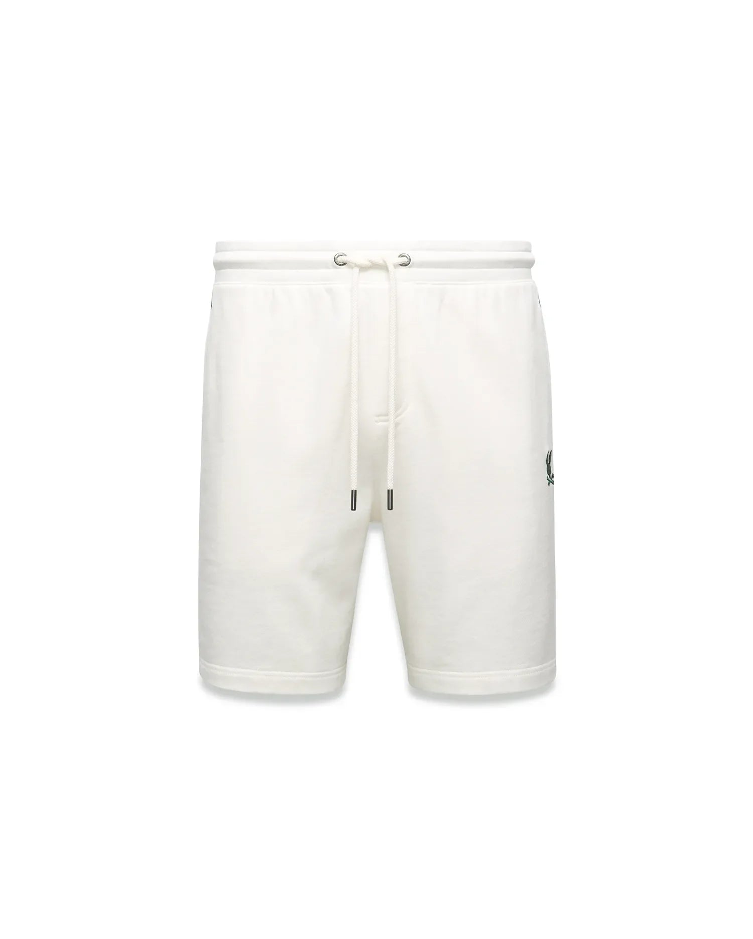 Mens Gabe French Terry Sweatshort in cream, featuring a relaxed fit, soft French terry fabric, elastic drawstring waist with silver eyelets, and a small embroidered black Psycho Bunny skull logo on the left thigh.