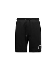 Black Mens Stevie Short in relaxed fit french terry, featuring a drawstring waist and an embroidered white and light purple Psycho Bunny skull logo on the left thigh.