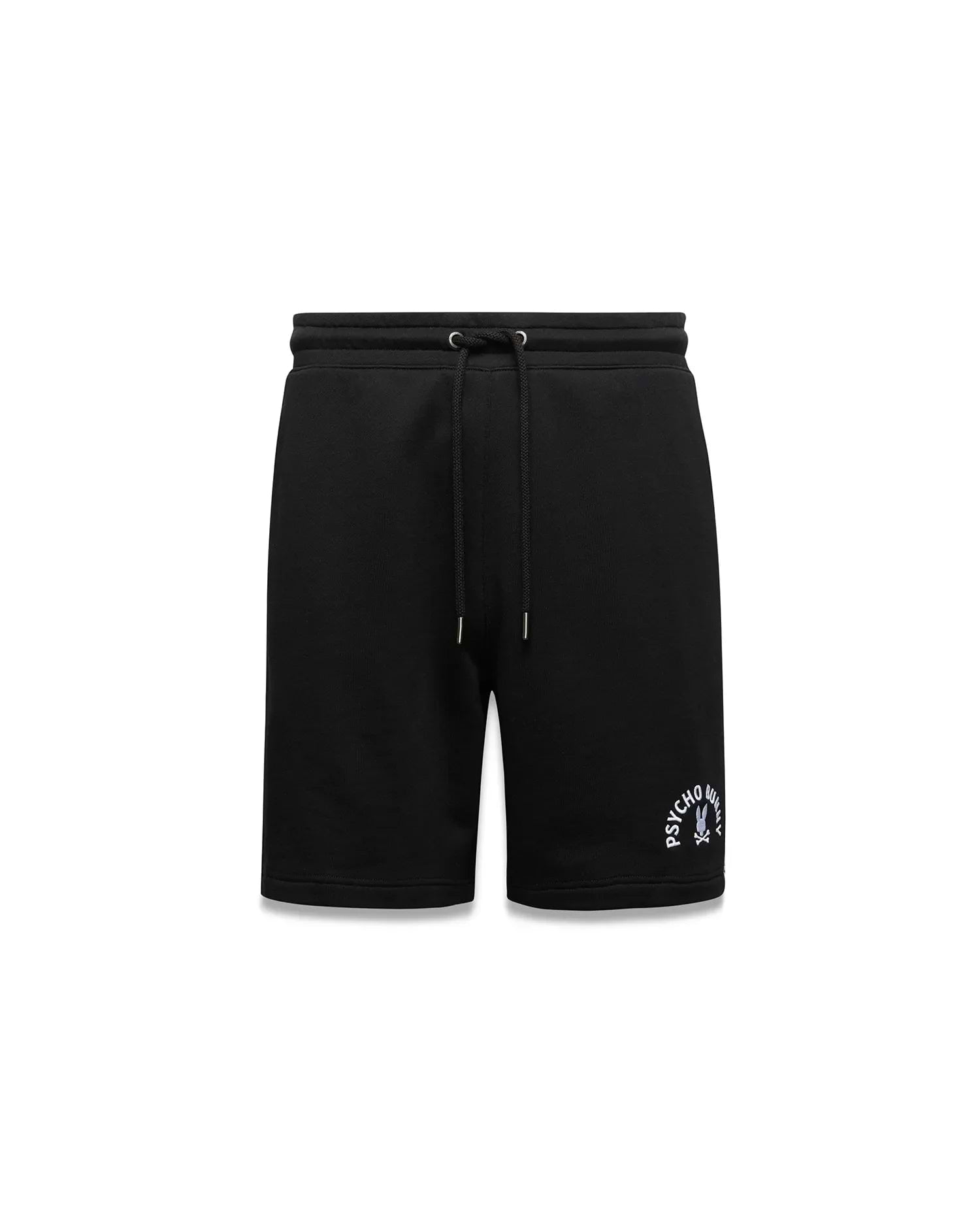 Black Mens Stevie Short in relaxed fit french terry, featuring a drawstring waist and an embroidered white and light purple Psycho Bunny skull logo on the left thigh.