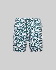 Mens Josh Swim Trunk in white with a teal digital pixelated pattern featuring repeated bunny skull logos, a matching drawstring, a small red side tag, and a Psycho Bunny charm.