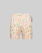 Mens Atlas Swim Trunk, cream relaxed-fit swim trunk with pastel wavy plaid in pink, green, blue, orange, featuring small repeated bunny skull logos, Psycho Bunny drawstring, and a large bunny skull keychain.