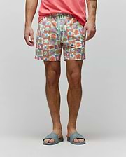 Mens Aiden Swim Trunk in a vibrant multi-color checkered print featuring Psycho Bunny skull logos and flower graphics, with a green drawstring displaying the brand name. Relaxed fit, smooth fabric. (1)
