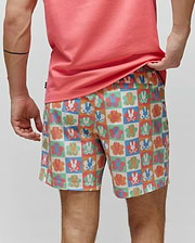Mens Aiden Swim Trunk featuring a vibrant multicolor checkered pattern with alternating Psycho Bunny skull logos and floral graphics in blue, orange, green, and pink on a smooth, relaxed-fit fabric. (3)