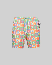 Mens Aiden Swim Trunk, vibrant multi-color checkered pattern featuring Psycho Bunny skull and flower graphics. Relaxed fit, smooth fabric, with a small bunny skull charm and branded green drawstring. (5)