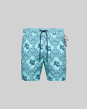 Mens Luke Swim Trunk in aqua, featuring a dark blue all-over bandana paisley print with integrated Psycho Bunny skull logos, classic fit, smooth quick-dry fabric, and a small Psycho Bunny logo tag.