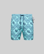 Mens Luke Swim Trunk in aqua, featuring a dark blue all-over bandana paisley print with integrated Psycho Bunny skull logos, classic fit, smooth quick-dry fabric, and a small Psycho Bunny logo tag.